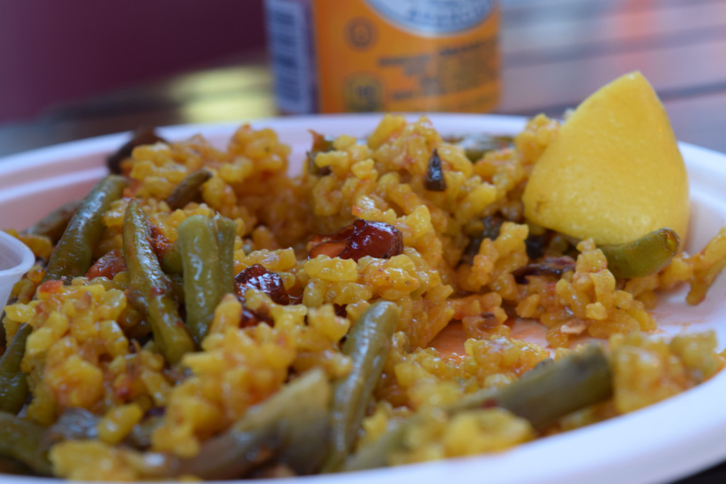 Vegan paella is one of the many cuisines for sale at the SoMa StrEat Food Park on Tuesday, August 11, 2015.